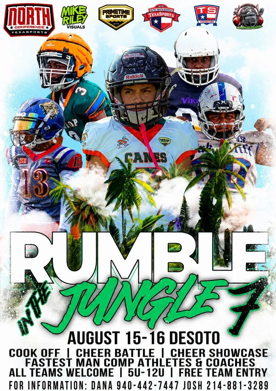 TexaSports flyer: Rumble in the Jungle 7, August 15–16 at UHL Park, DeSoto. Cook off, cheer battle, cheer showcase and a fastest man competition for athletes and coaches. All teams welcome, ages 5U to 12U, free team entry. For information call Dana on 940-442-7447 or Josh on 214-881-3289.