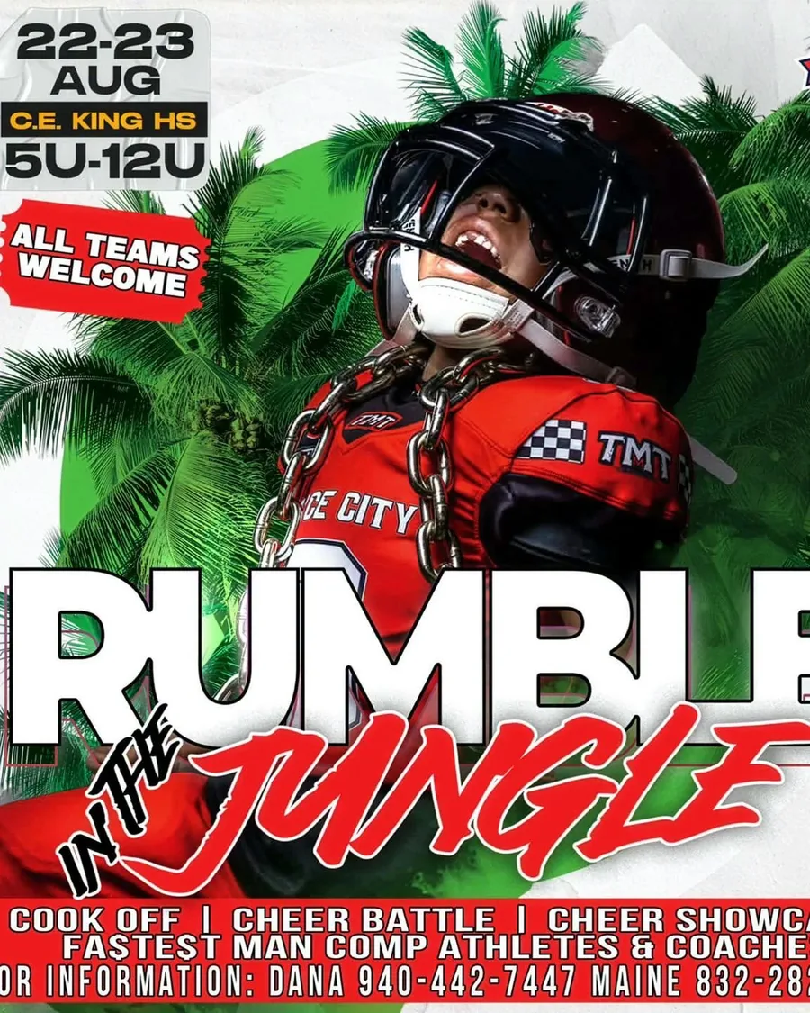 TexaSports flyer: Rumble in the Jungle, 22–23 August at C.E. King High School, Houston. Ages 5U to 12U, all teams welcome. Cook off, cheer battle, cheer showcase and a fastest man competition for athletes and coaches. For information call Dana on 940-442-7447 or Maine on 832-282-1325.